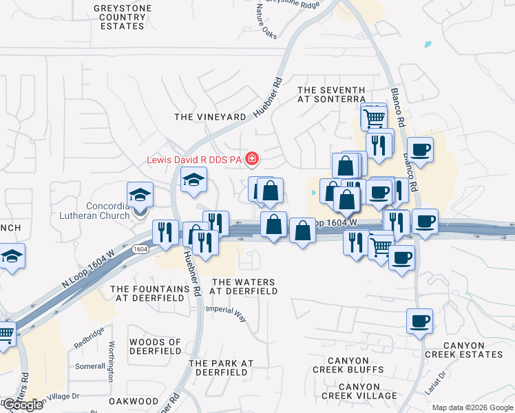 map of restaurants, bars, coffee shops, grocery stores, and more near 17823 Dove Hollow Dr in San Antonio