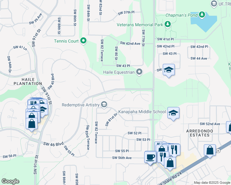 map of restaurants, bars, coffee shops, grocery stores, and more near 4724 Southwest 80 Terrace in Gainesville