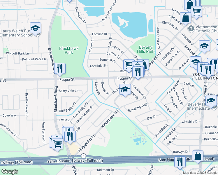 map of restaurants, bars, coffee shops, grocery stores, and more near 10825 Newton Street in Houston