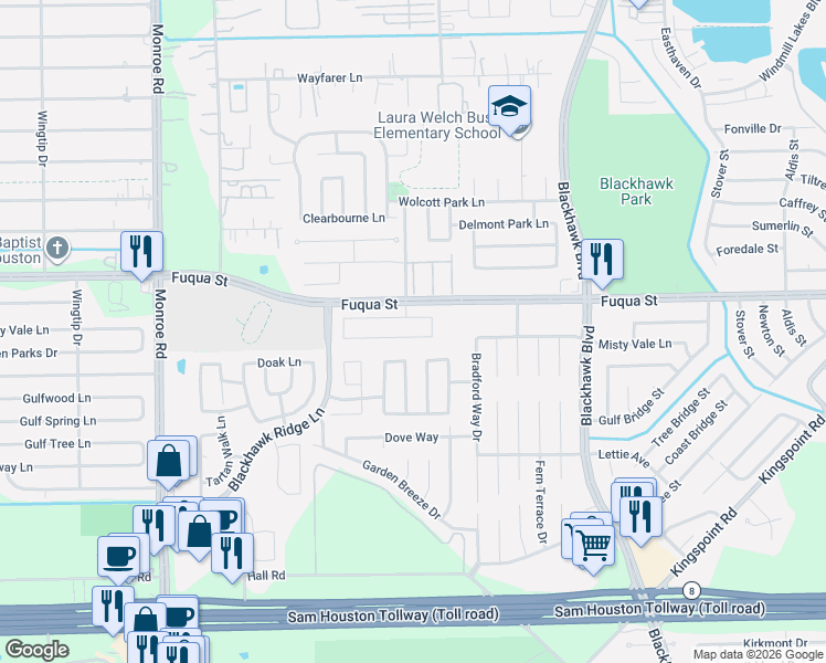 map of restaurants, bars, coffee shops, grocery stores, and more near 9323 Fuqua Breeze Drive in Houston