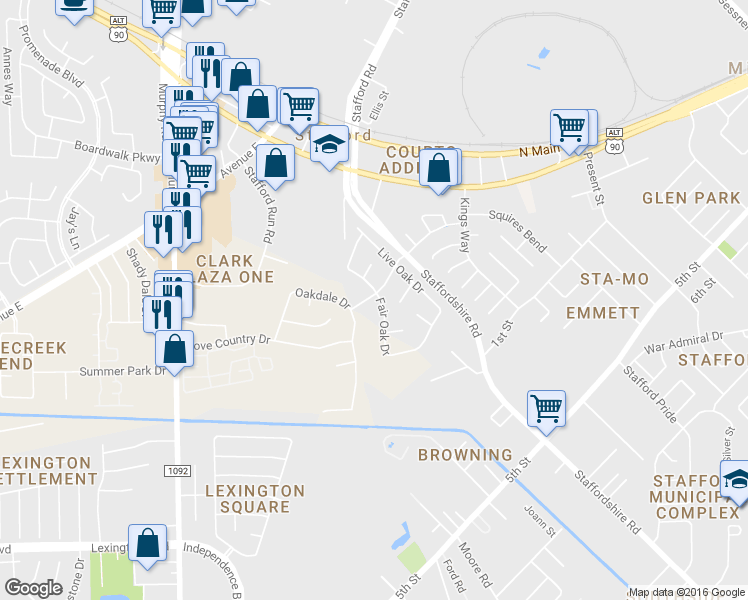 map of restaurants, bars, coffee shops, grocery stores, and more near 502 Fair Oak Drive in Stafford