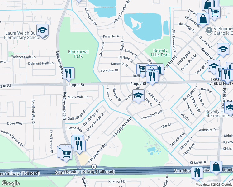 map of restaurants, bars, coffee shops, grocery stores, and more near 10825 Newton Street in Houston