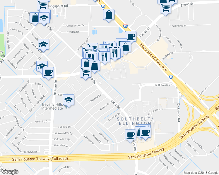 map of restaurants, bars, coffee shops, grocery stores, and more near 11535 Sabo Road in Houston