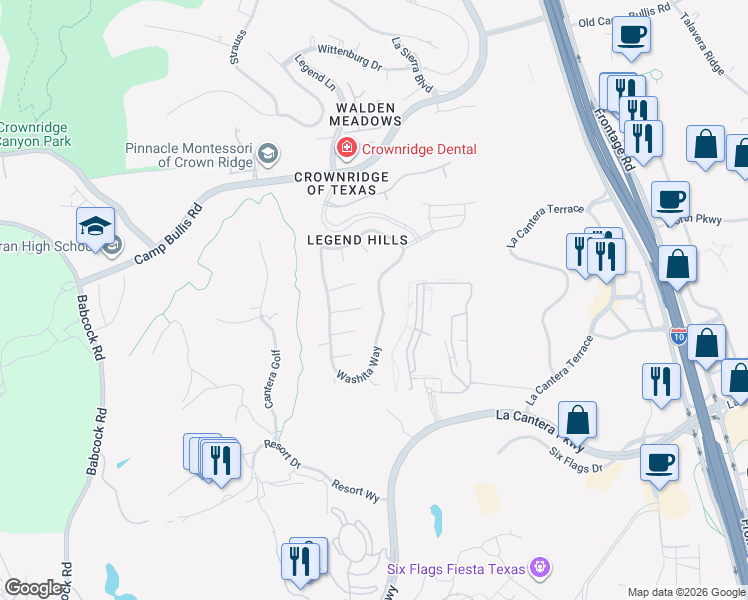 map of restaurants, bars, coffee shops, grocery stores, and more near 7230 Washita Way in San Antonio