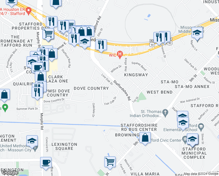 map of restaurants, bars, coffee shops, grocery stores, and more near 2511 Maple Tree Court in Stafford
