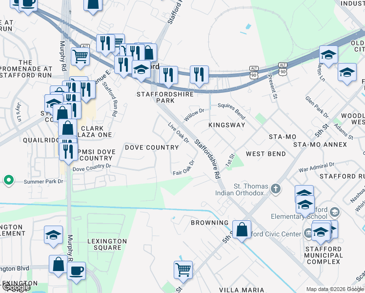 map of restaurants, bars, coffee shops, grocery stores, and more near 2511 Maple Tree Court in Stafford