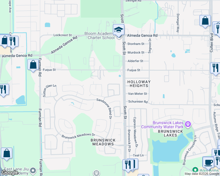 map of restaurants, bars, coffee shops, grocery stores, and more near 3307 Crestford Cliff Lane in Houston