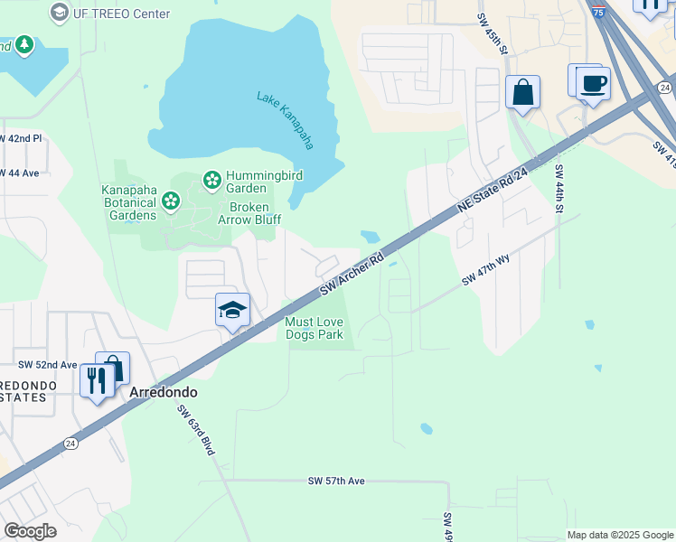 map of restaurants, bars, coffee shops, grocery stores, and more near 5500 Southwest Archer Road in Gainesville