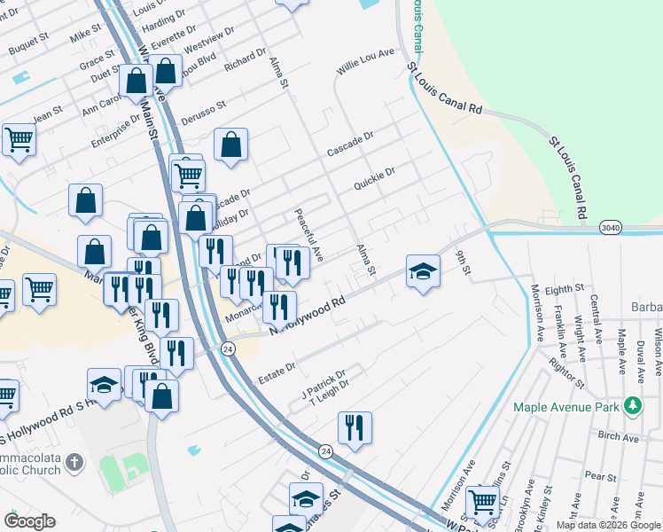 map of restaurants, bars, coffee shops, grocery stores, and more near 256 Monarch Drive in Houma