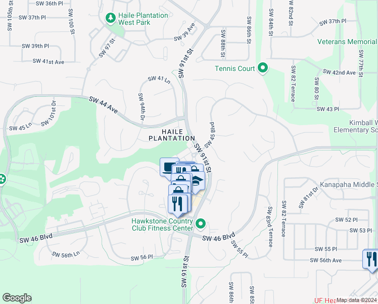 map of restaurants, bars, coffee shops, grocery stores, and more near 5 Souithwest 47th Place in Gainesville