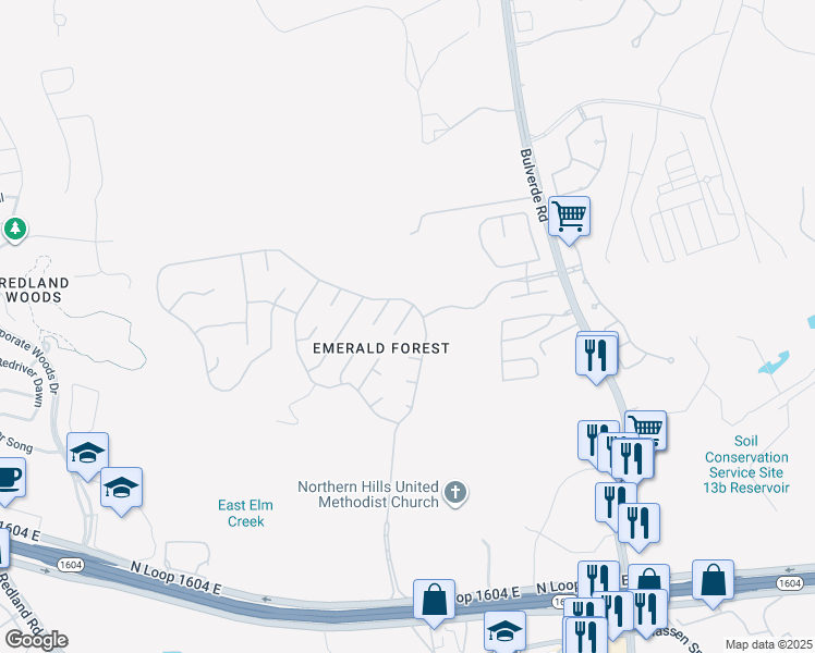 map of restaurants, bars, coffee shops, grocery stores, and more near 18218 Indian Bow in San Antonio