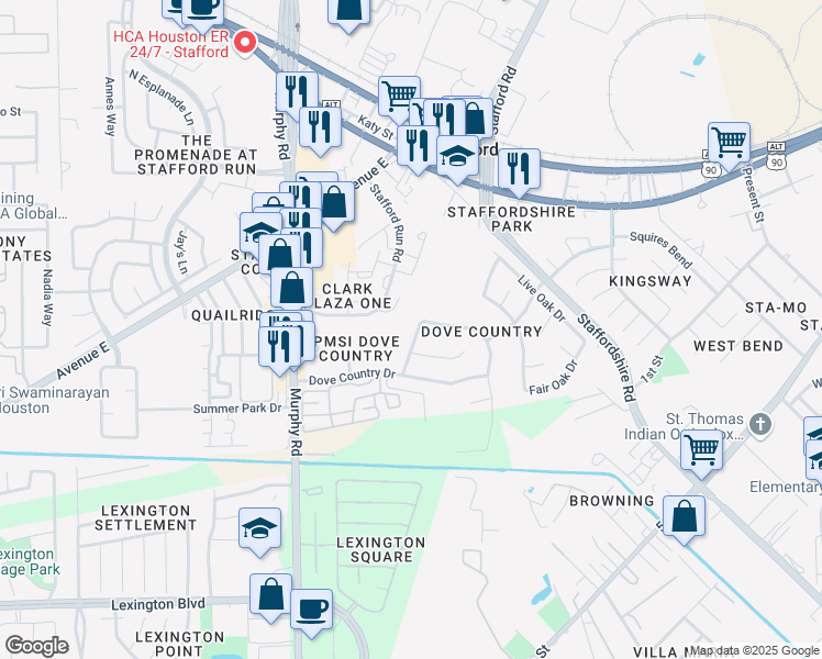 map of restaurants, bars, coffee shops, grocery stores, and more near 335 Oakdale Drive in Stafford
