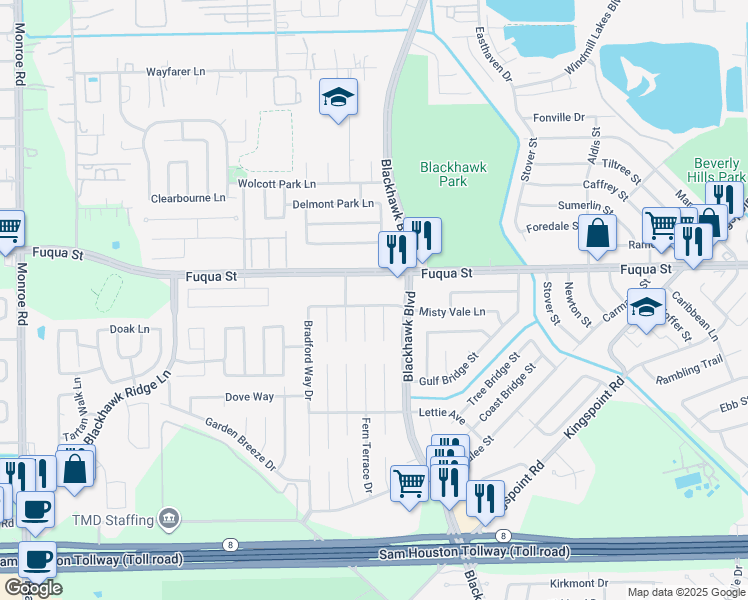 map of restaurants, bars, coffee shops, grocery stores, and more near 9331 Misty Vale Ln in Houston