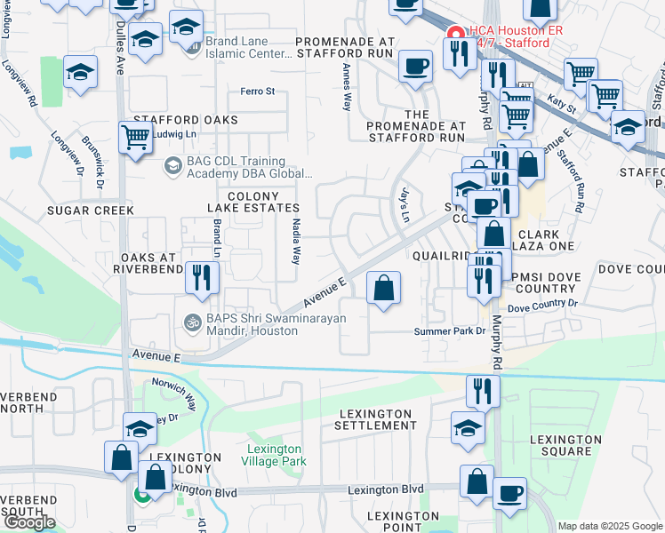 map of restaurants, bars, coffee shops, grocery stores, and more near 810 Gregory Court in Stafford