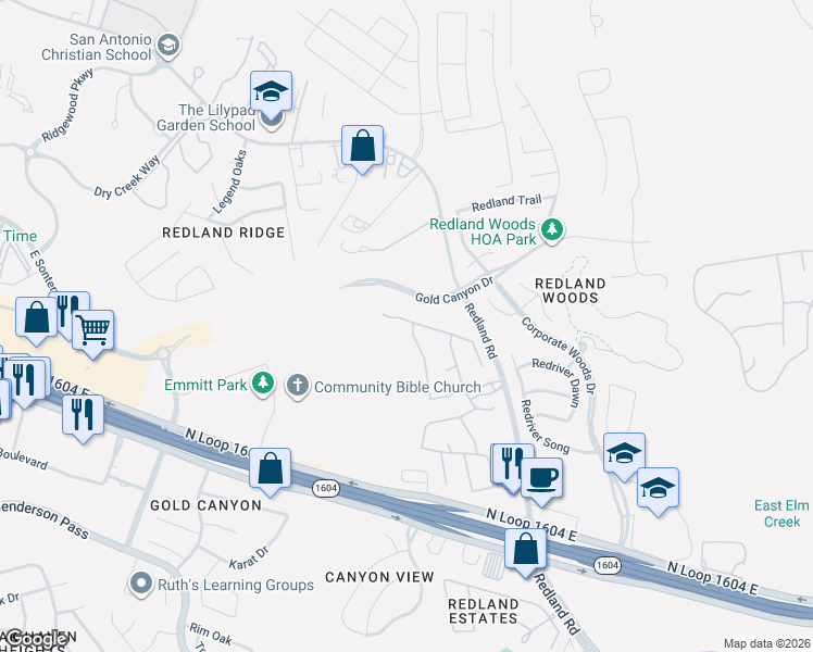 map of restaurants, bars, coffee shops, grocery stores, and more near 18355 Edwards Bluff in San Antonio