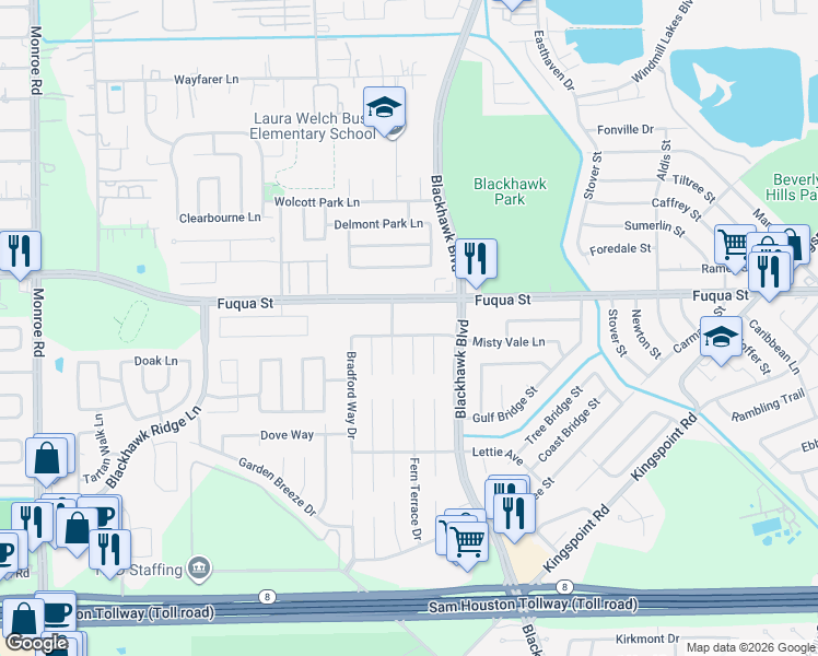 map of restaurants, bars, coffee shops, grocery stores, and more near 9331 Misty Vale Lane in Houston