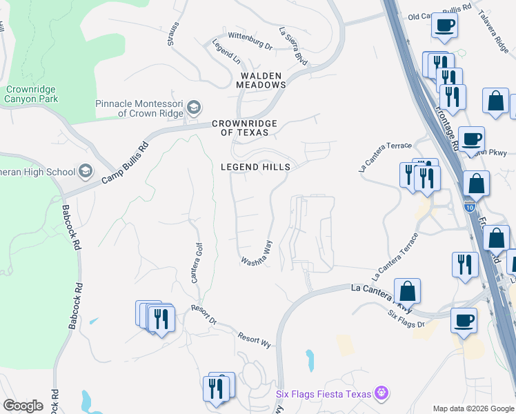 map of restaurants, bars, coffee shops, grocery stores, and more near 7230 Washita Way in San Antonio