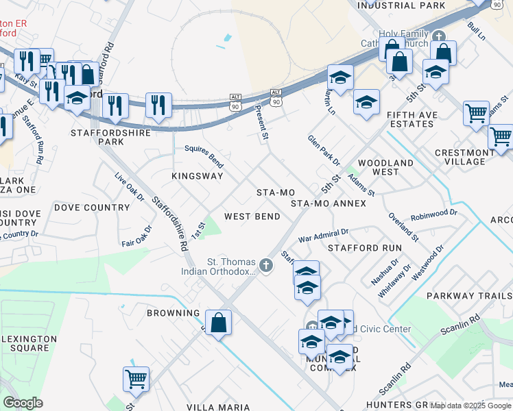 map of restaurants, bars, coffee shops, grocery stores, and more near 2310 West Bend Drive in Stafford