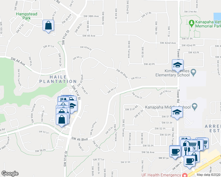 map of restaurants, bars, coffee shops, grocery stores, and more near 4645 Southwest 84 Drive in Gainesville