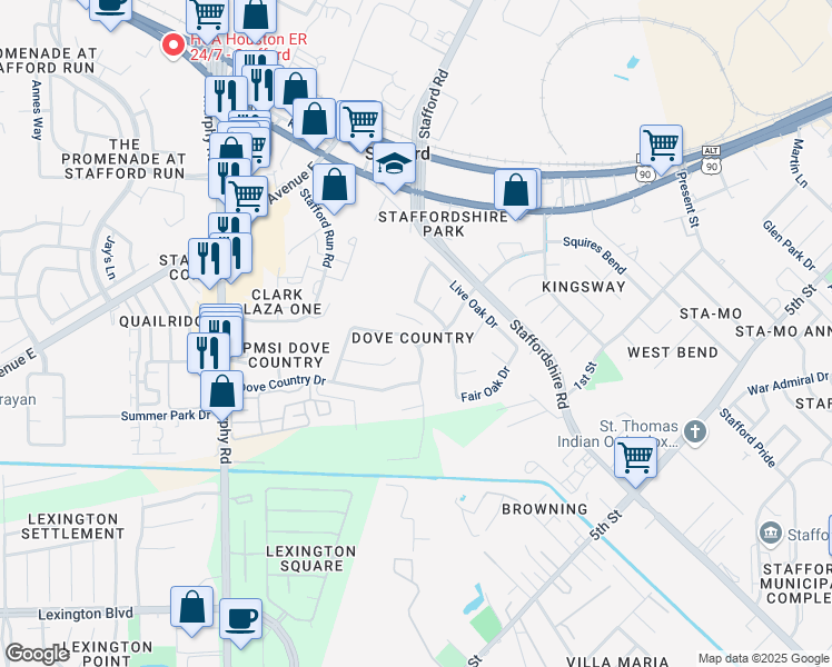map of restaurants, bars, coffee shops, grocery stores, and more near 443 Oakdale Drive in Stafford