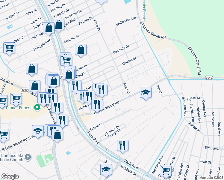 map of restaurants, bars, coffee shops, grocery stores, and more near 236 Monarch Drive in Houma