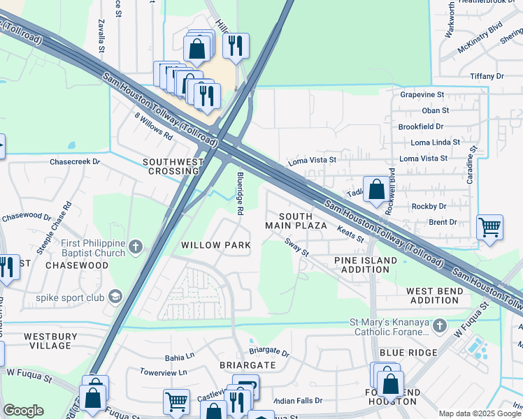 map of restaurants, bars, coffee shops, grocery stores, and more near 14922 Honey Lane in Houston