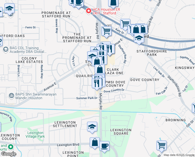 map of restaurants, bars, coffee shops, grocery stores, and more near 620 FM 1092 Road in Stafford