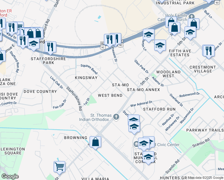 map of restaurants, bars, coffee shops, grocery stores, and more near 2310 West Bend Drive in Stafford