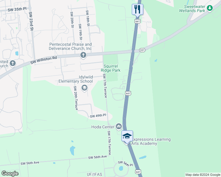 map of restaurants, bars, coffee shops, grocery stores, and more near 4552 Southwest 16th Drive in Gainesville