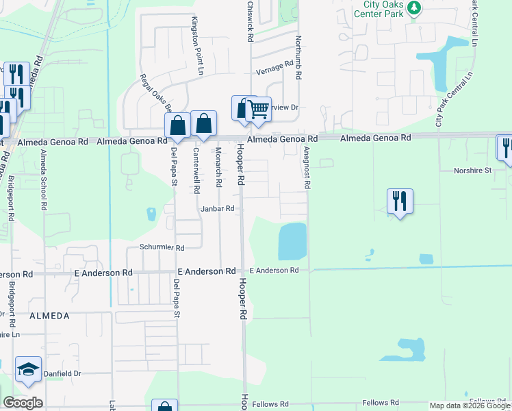 map of restaurants, bars, coffee shops, grocery stores, and more near 13601 Hooper Road in Houston