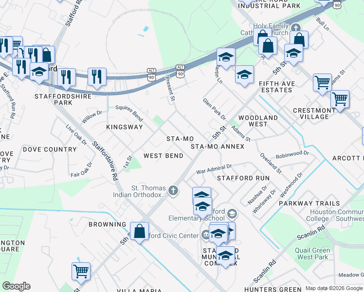 map of restaurants, bars, coffee shops, grocery stores, and more near 411 West Street in Stafford