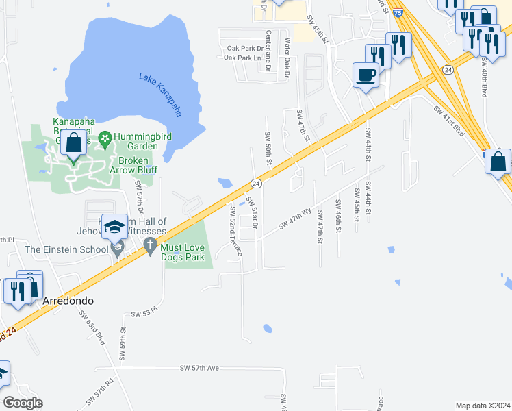 map of restaurants, bars, coffee shops, grocery stores, and more near 5105-5169 Southwest Archer Road in Gainesville