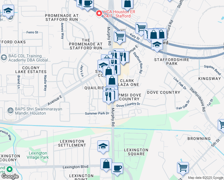 map of restaurants, bars, coffee shops, grocery stores, and more near FM 1092 Road in Stafford