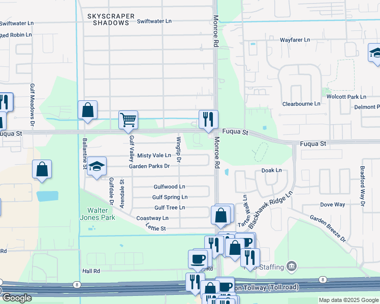 map of restaurants, bars, coffee shops, grocery stores, and more near 8403 Misty Vale Lane in Houston