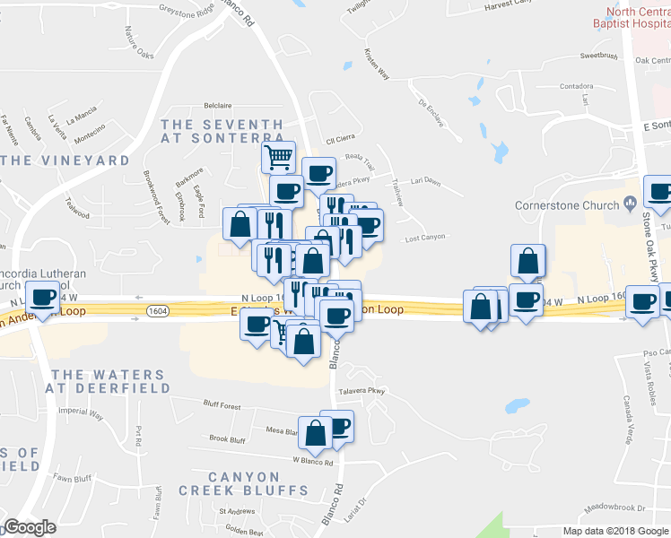 map of restaurants, bars, coffee shops, grocery stores, and more near 18200 Blanco Road in San Antonio