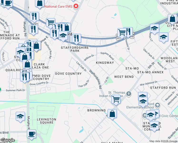 map of restaurants, bars, coffee shops, grocery stores, and more near 619 Live Oak Drive in Stafford