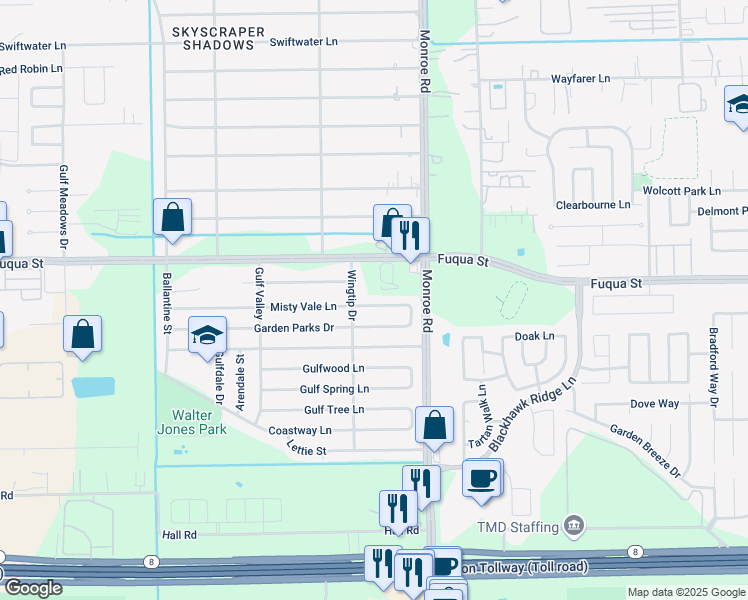 map of restaurants, bars, coffee shops, grocery stores, and more near 8403 Misty Vale Lane in Houston