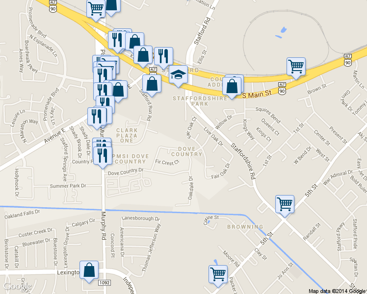 map of restaurants, bars, coffee shops, grocery stores, and more near 443 Oakdale Drive in Stafford