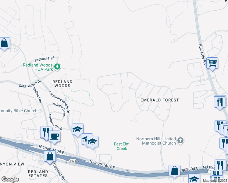 map of restaurants, bars, coffee shops, grocery stores, and more near 3215 Boxtree Lane in San Antonio