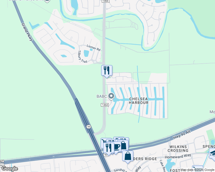 map of restaurants, bars, coffee shops, grocery stores, and more near 14205 Marina Bay Lane in Sugar Land