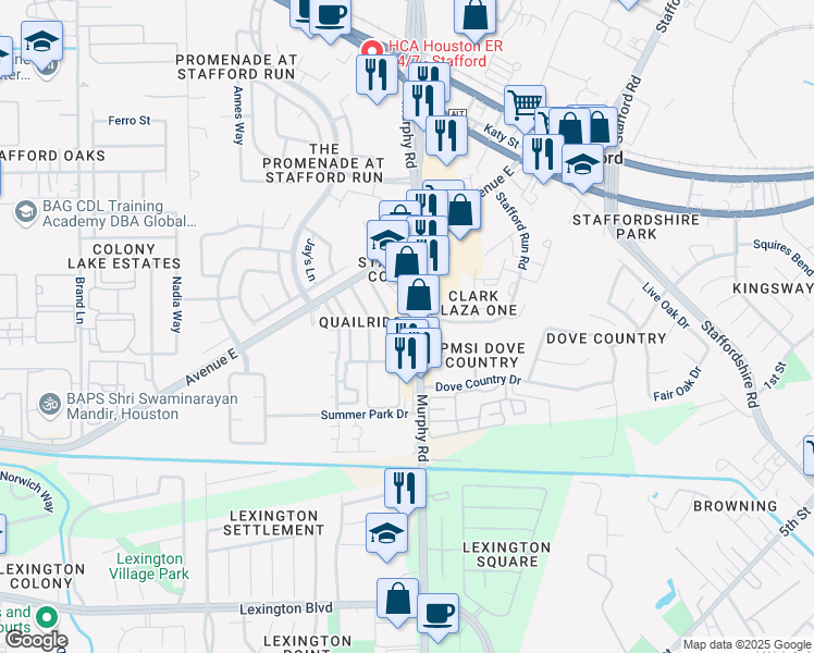 map of restaurants, bars, coffee shops, grocery stores, and more near 620 FM 1092 Road in Stafford