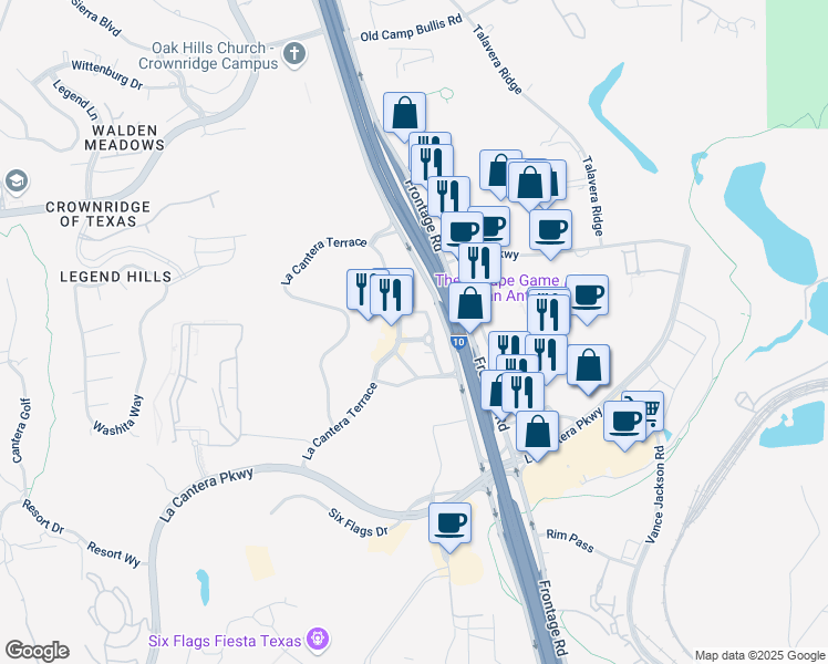 map of restaurants, bars, coffee shops, grocery stores, and more near 17806 Interstate 10 in San Antonio