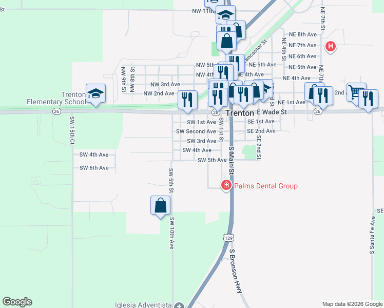 map of restaurants, bars, coffee shops, grocery stores, and more near 327 Southwest 5th Avenue in Trenton