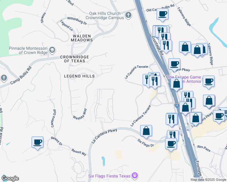 map of restaurants, bars, coffee shops, grocery stores, and more near 16735 La Cantera Parkway in San Antonio