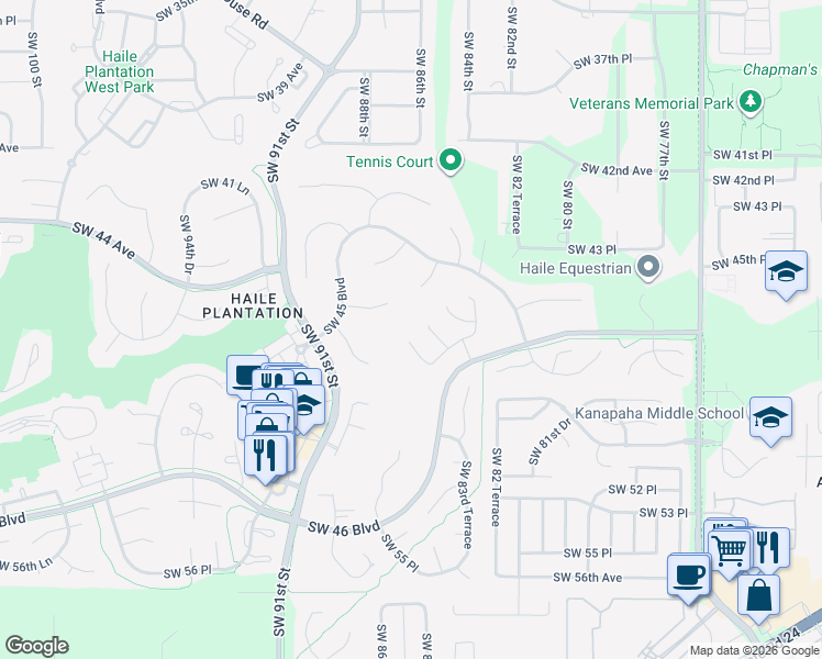 map of restaurants, bars, coffee shops, grocery stores, and more near 7003 Southwest 85th Terrace in Gainesville