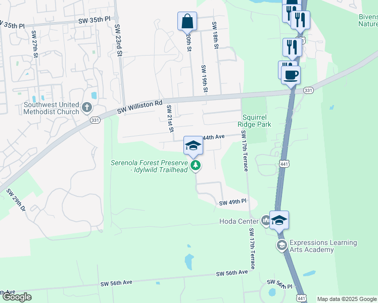 map of restaurants, bars, coffee shops, grocery stores, and more near 4610 Southwest 20th Terrace in Gainesville