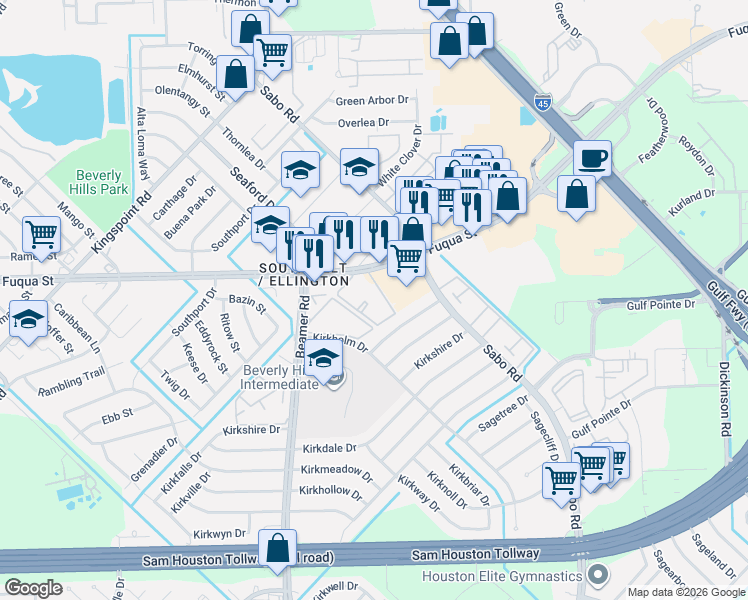 map of restaurants, bars, coffee shops, grocery stores, and more near 10918 Fuqua Street in Houston
