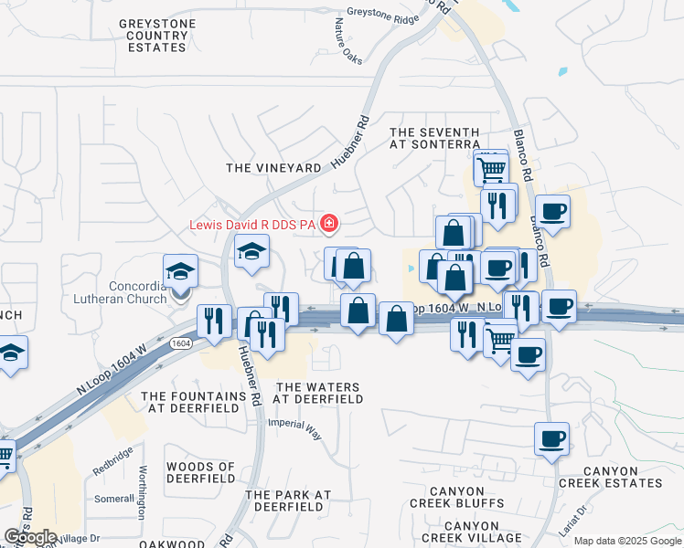 map of restaurants, bars, coffee shops, grocery stores, and more near 17823 Dove Hollow Dr in San Antonio