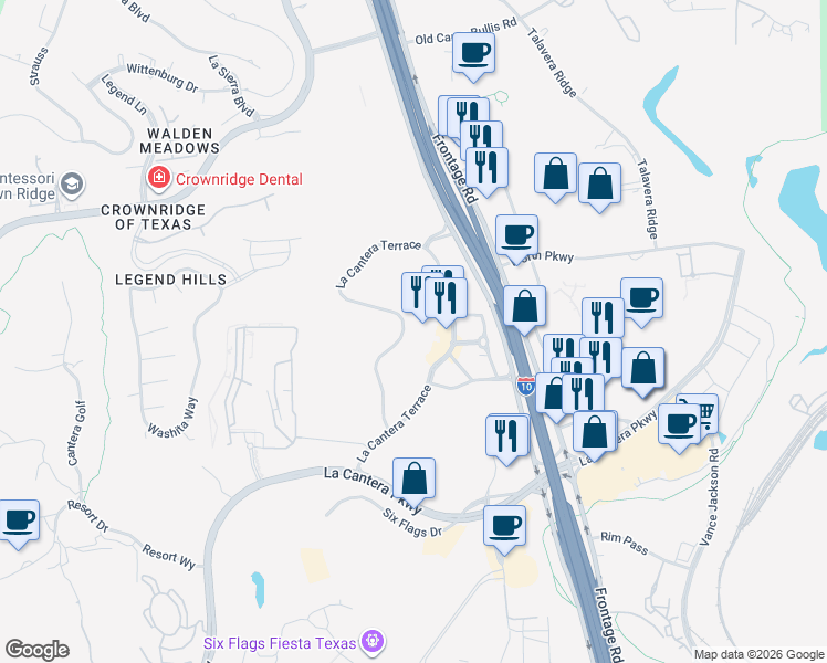 map of restaurants, bars, coffee shops, grocery stores, and more near 17101 La Cantera Parkway in San Antonio