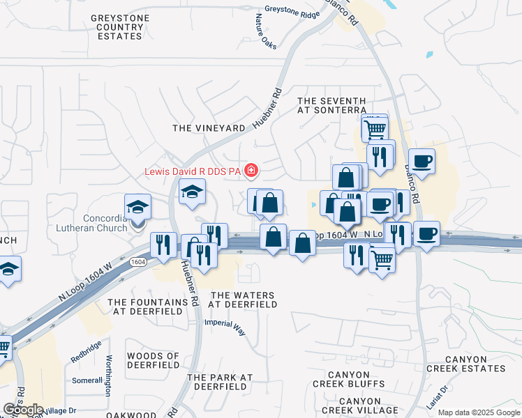 map of restaurants, bars, coffee shops, grocery stores, and more near 17823 Dove Hollow Dr in San Antonio